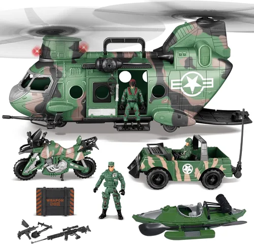 JOYIN - Juego de juguetes de helicóptero militar 10 en 1 con luz, sonido, camiones, barco, bicicleta, soldados del ejército, armas - Regalos de