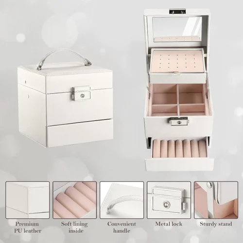 Miniatura 5 de ProCase Joyero para niñas y mujeres que viajan regalo ideal pequeño organizador de joyas de 3 capas con cerradura de espejo organizador para aretes