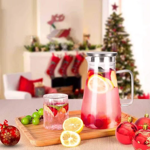 Miniatura 6 de Jarra de vidrio resistente al calor con tapa de acero inoxidable, jarra de agua con asa, buena jarra de bebidas para jugo casero y té helado, 50.7