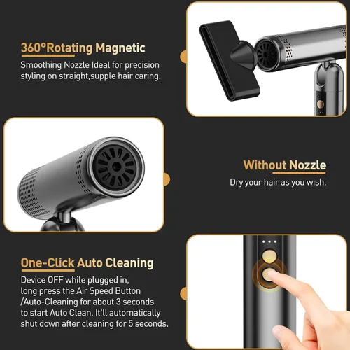 Miniatura 8 de Quico Secador de pelo de viaje de doble voltaje, 120,000 rpm, secador de pelo de bolsillo BLDC de secado rápido para mujeres con concentrador