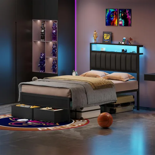 Miniatura 3 de Furnulem Marco de cama tamaño matrimonial con estación de carga y luces LED, cabecero tapizado en gris con estantes, cama de plataforma de metal