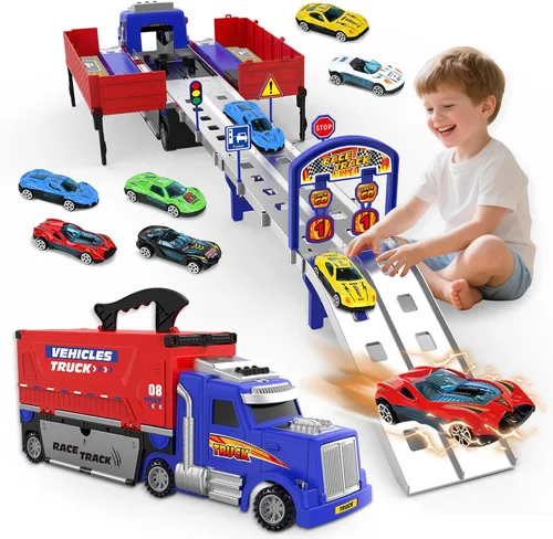 SpringFlower - Juguetes de pista de carreras con camión portaequipajes, juguetes para niños de 3, 4, 5, 6 años con luces y sonidos, pista de