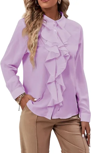 Miniatura 8 de LYANER - Blusa de manga larga con cuello de botón y volantes en la parte delantera para mujer