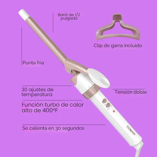 Miniatura 2 de Conair Rizador de Cerámica Doble de ½ Pulgada con Clip de Garra de Bonificación, Barril de ½ Pulgada Crea Rizos en Espiral, Rizador de Cabello