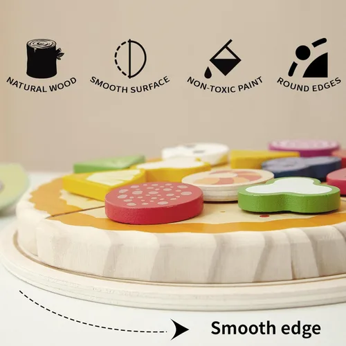 Miniatura 7 de PairPear Juego de comida de madera para cortar pizza, 28 piezas de juguete de pizza, juego de cocina Montessori, accesorios de cocina, regalo