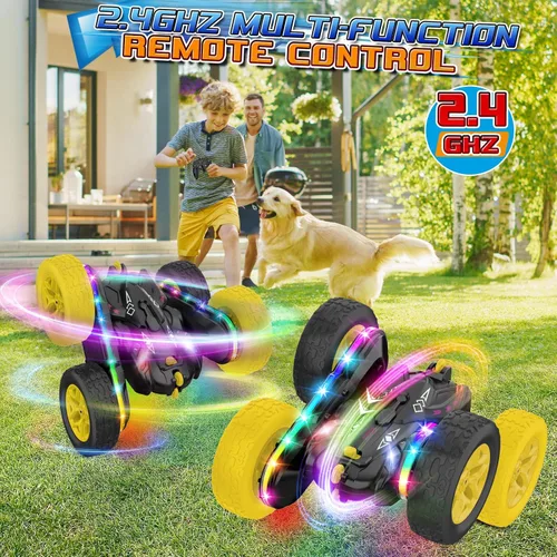 Miniatura 6 de Jimdella Auto de control remoto, autos RC con tira de luz lateral y faros, auto de acrobacias RC giratorio de doble cara de 360°, juguetes todo LED