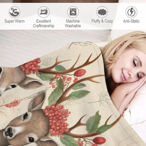 Miniatura 4 de Elegante manta de Navidad con diseño de ciervos y bayas rojas y verdes, diseño de renos de invierno, con diseño de ciervos y bayas rojas, manta