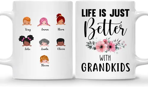 Miniatura 12 de Gossby Taza personalizada Life is Better With GrandKIDS (1 niño), taza personalizada de regalo para abuelos con avatares de nietos, nombres, 11