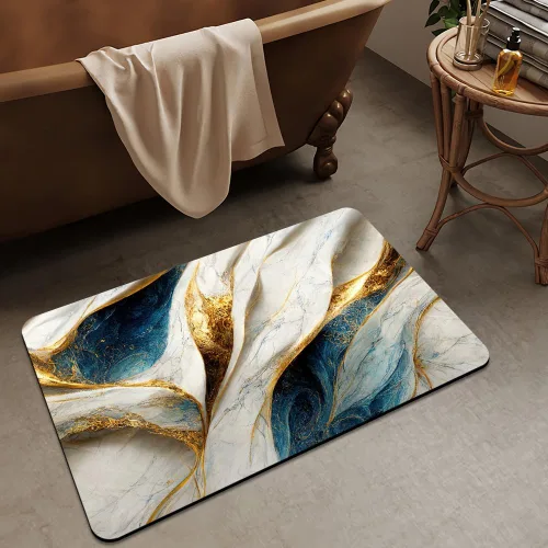 Miniatura 3 de Alfombra de baño, diseño abstracto de mármol azul y dorado, antideslizante, de secado rápido, súper absorbente, delgada, para debajo de la puerta