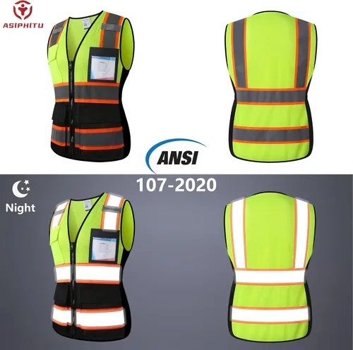 Miniatura 4 de Chaleco de seguridad reflectante de alta visibilidad para hombres y mujeres con bolsillos y cremallera frontal, cumple con los estándares ANSI/ISEA