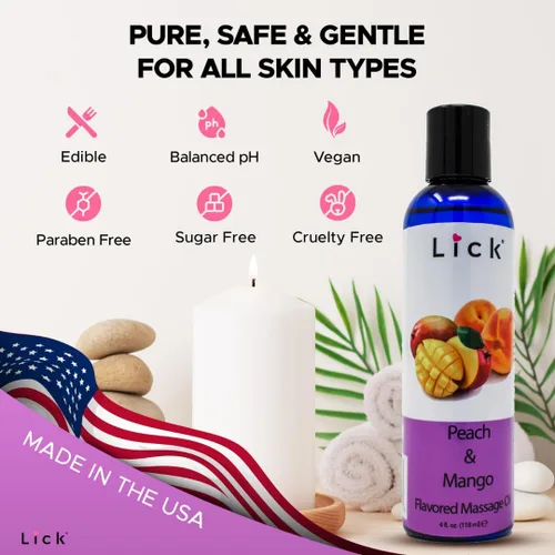 Miniatura 8 de Lick Aceite de masaje con sabor a mango de durazno – Aceite de masaje comestible de mezcla tropical jugosa con vitamina E, ligero deslizamiento