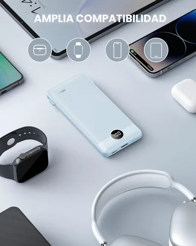 Miniatura 6 de VRURC - Cargador portátil con cables integrados y enchufe de pared AC, banco de energía USB C de 10000 mAh, cargador de teléfono compacto y ligero