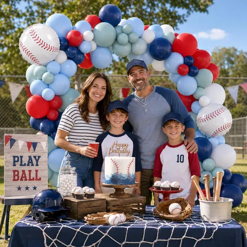 Miniatura 5 de FunHot Kit de guirnalda de arco de globos de béisbol, guirnalda de globos azul marino y rojo con globos blancos, globos de papel de aluminio