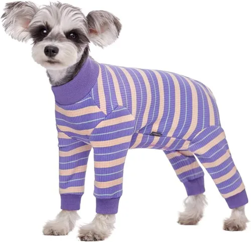 Miniatura 12 de Traje de recuperación a rayas para perros, mameluco para cachorros después de la cirugía para perros hembras y machos, pijama de manga larga tipo