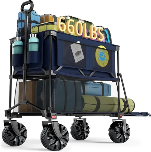 Portal Carro plegable de dos pisos con portón trasero, vagones de playa con ruedas grandes, carro plegable resistente de 660 libras, 14 pies ³, gran