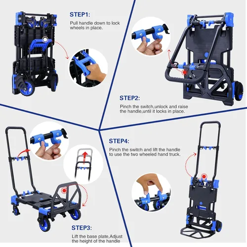 Miniatura 6 de Carro de mano plegable 2-1, carrito de mano de capacidad de 330 libras, carretilla de mano plegable con mango retráctil y 4 ruedas de goma, carrito
