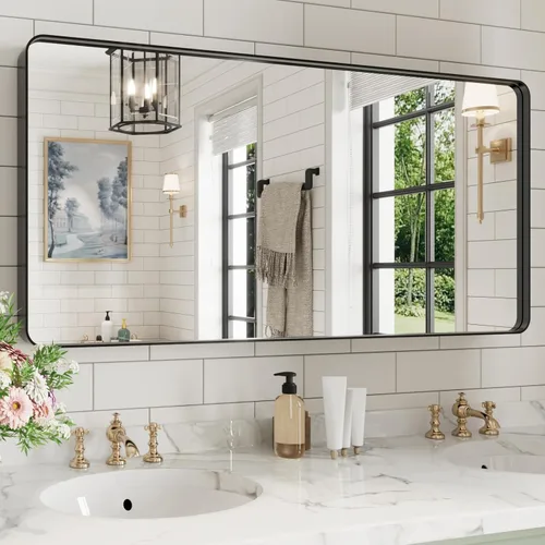 Miniatura 111 de WEER - Espejo de baño dorado, espejo de 40x32 pulgadas con marco de metal dorado cepillado, espejo de tocador de baño de oro para pared