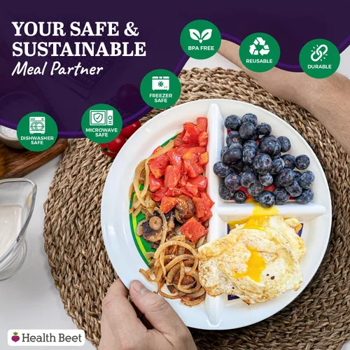Miniatura 5 de Health Beet Plato de control de porciones de 10" para diabéticos para una alimentación equilibrada - 3 secciones divididas para verduras