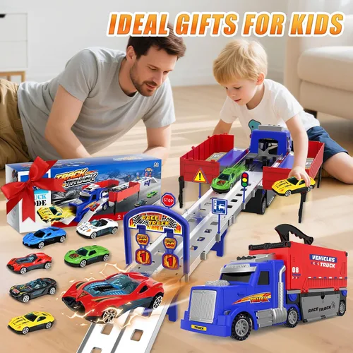 Miniatura 5 de SpringFlower - Juguetes de pista de carreras con camión portaequipajes, juguetes para niños de 3, 4, 5, 6 años con luces y sonidos, pista