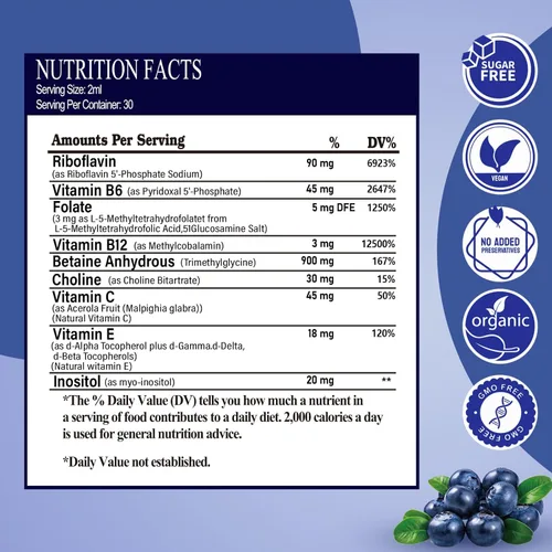 Miniatura 8 de Paquete de 2 Gotas Líquidas de Complejo B Metilado Completo 9-en-1 Vitaminas Metil B con B12 Metilfolato Inositol Colina TMG Vitamina C E, Súper