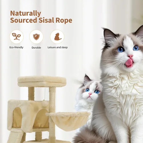 Miniatura 4 de Árbol para gatos de 35.8 pulgadas con cama doble para gatos y hamaca, rascador de felpa con plataforma cómoda para dormir y pelota de juguete