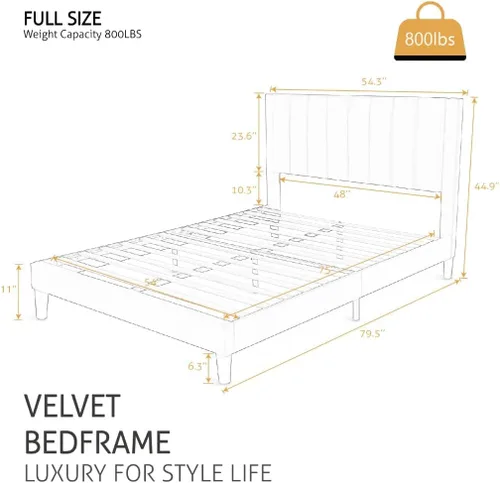 Miniatura 2 de SHA CERLIN - Base de cama tapizada de terciopelo tamaño completo con cabecero/Base de cama tapizada de plataforma con cabecero/Soporte de listones