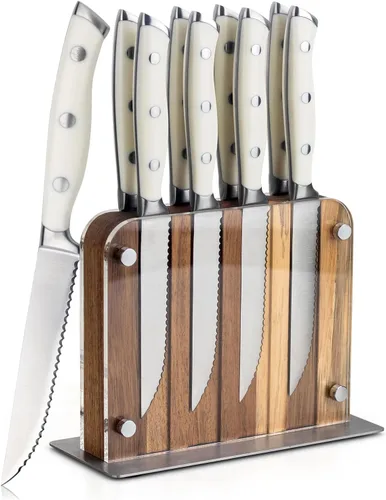 Miniatura 12 de Alata Juego de cuchillos para carne de 8 piezas, 4.7 pulgadas con borde dentado, cuchillos afilados para cena, construcción de espiga completa Negro