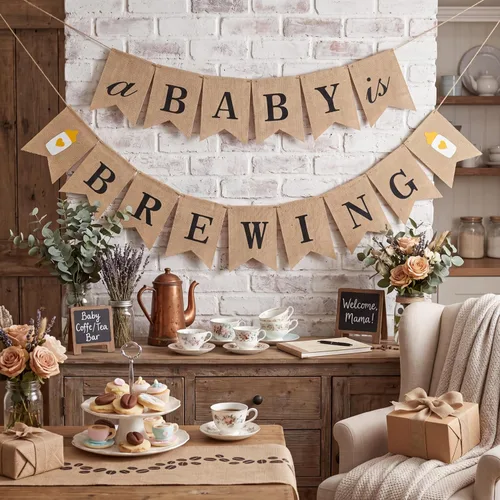 Miniatura 6 de Boao Pancarta con texto en inglés "A Baby Is Brewing", decoración de fiesta de pañales, pancarta temática de café para baby shower para celebración