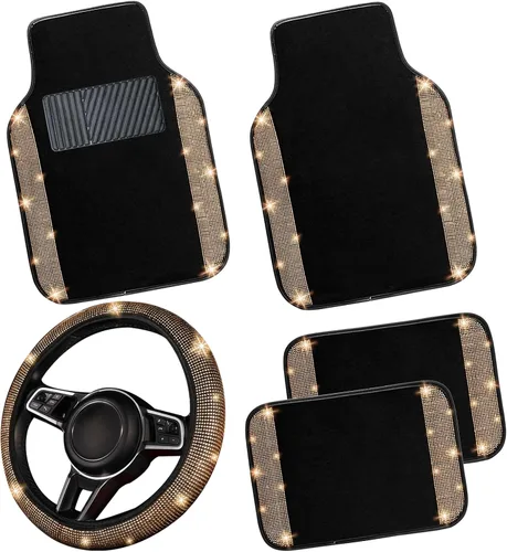 Miniatura 20 de NBTEPEM Juego completo de alfombrillas brillantes para piso de automóvil y funda para volante, ajuste universal para la mayoría de los automóviles