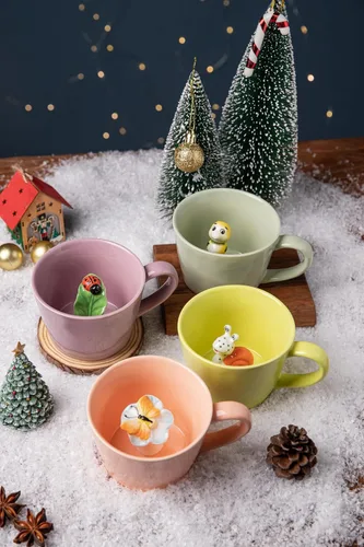 Miniatura 7 de DIHOclub Taza de Cerámica de Mariquita con Animal 3D Oculto en el Interior, Serie Jardín Tazas Figuritas Hechas a Mano 12OZ (Rosa Púrpura)