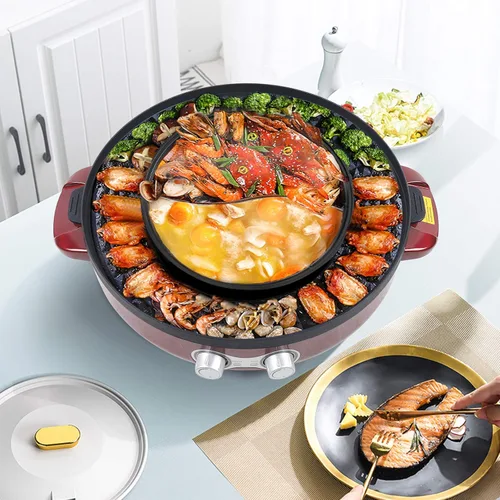 Miniatura 4 de 2 en 1 olla eléctrica portátil 110 V 2200 W barbacoa parrilla placa hogar cocina cocina sartén sartén roja (19.7 x 19.7 pulgadas)