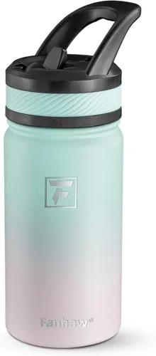 Miniatura 24 de Fanhaw Botella de agua aislada para niños de 14 onzas con tapa de pajita – Acero inoxidable de doble pared al vacío, a prueba de fugas, botellas