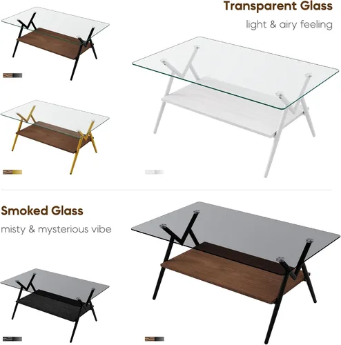 Miniatura 6 de Mesa auxiliar rectangular contemporánea de cristal con patas de metal cruzadas en ángulo para sala de estar, elegante mesa auxiliar de vidrio