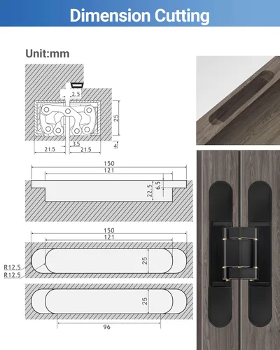 Miniatura 2 de Bisagras invisibles mejoradas para puerta (2 piezas) – Bisagras ocultas negras de 6 pulgadas para puertas, ajustable de 3 vías y columpio de 180