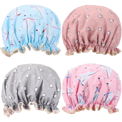 Miniatura 9 de 4 Piezas Gorros de Ducha para Mujeres y Niña, Gorro de Baño Reutilizable e Impermeable con Doble Capa Impermeable, Patrón de Pájaro y Corazón
