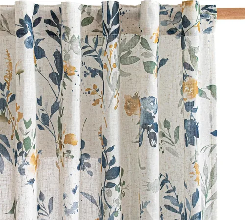 Miniatura 28 de MYSKY HOME Cortinas florales de cocina de 24 pulgadas, cortinas de lino con patrón de flores de granja, bolsillo para barra de filtro de luz aireado