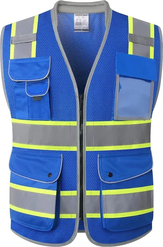Miniatura 44 de JKSafety Chaleco de seguridad frontal con cremallera de alta visibilidad de 9 bolsillos de color dual MESH Lite Tira reflectante con ribete