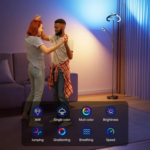 Miniatura 8 de SIBRILLE Lámpara de pie RGBCW mejorada de 36 W con anillo de lectura, lámpara de pie LED giratoria con control remoto, luz de pie regulable, luz