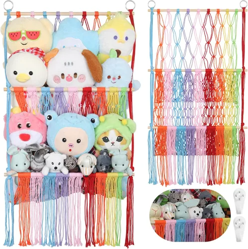 Miniatura 25 de Red de almacenamiento de animales de peluche de 2 niveles, 17 x 32 pulgadas, organizador grande de animales de peluche para pequeños rellenos