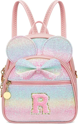 Miniatura 13 de KKXIU Mochilas Mini con Moño Inicial para Niñas y Mujeres, Linda Mochila Pequeña con Asa de Bolso, Regalos Personalizados para Niños, Arcoíris