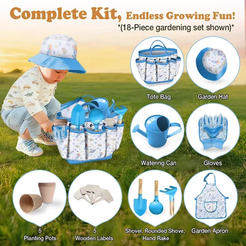 Miniatura 3 de Juego de herramientas de jardinería para niños 18 piezas, juego de jardinería para niños y niñas que incluye bolsa de mano, regadera, delantal