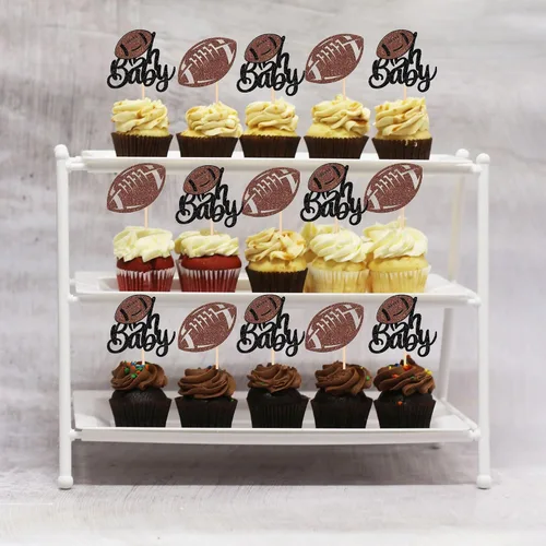 Miniatura 7 de Oh Baby - Juego de 24 adornos para cupcakes de fútbol americano con purpurina para decoración de cupcakes de fútbol americano para superrugby