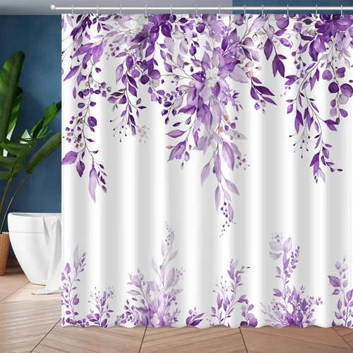 Miniatura 16 de JWXCBIM Cortina de ducha azul con hojas de eucalipto, cortina de baño decorativa con arte estético de acuarela de plantas y flores, juego de cortina