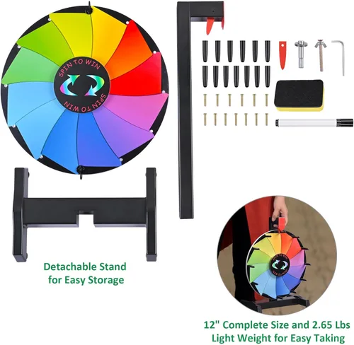 Miniatura 2 de WinSpin Rueda de premios de mesa de 12 pulgadas, rueda de ruleta de juegos de carnaval con marcador de borrado en seco, rueda giratoria resistente