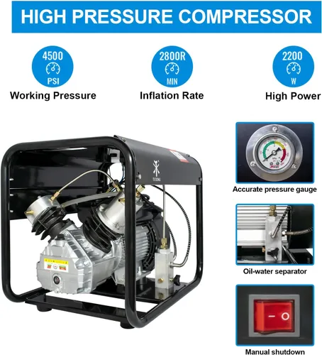 Miniatura 6 de TUXING Compresor Pcp de 4500 psi, compresor de aire de buceo de doble cilindro, versión de parada manual, bomba de aire de alta presión para pistola