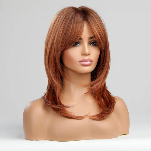 Miniatura 3 de Alanhair MEACO - Pelucas color castaño rojizo para mujer, pelucas largas en capas naranjas con flequillo, pelucas de fibra sintética resistentes al