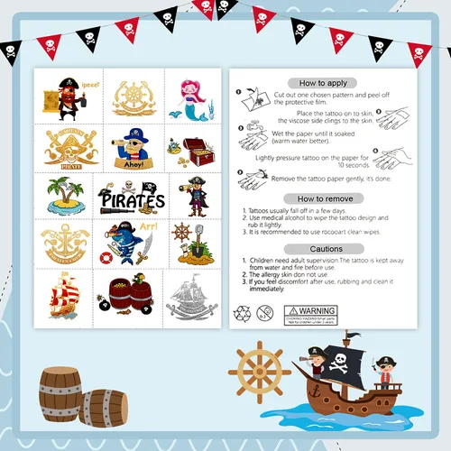 Miniatura 7 de PARTYWIND 34 estilos de suministros de fiesta de cumpleaños pirata, brillantes y brillantes metálicos piratas temporales para decoración de fiesta