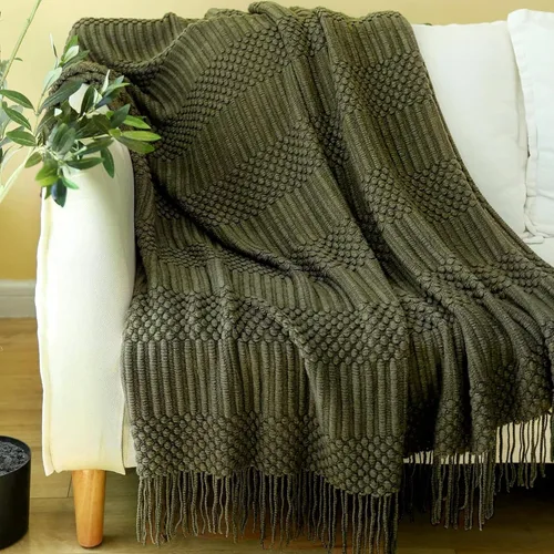 Miniatura 10 de Blagic Manta de punto para sofá, manta suave de estilo bohemio para otoño con borlas, manta ligera decorativa para el hogar, manta beige para cama