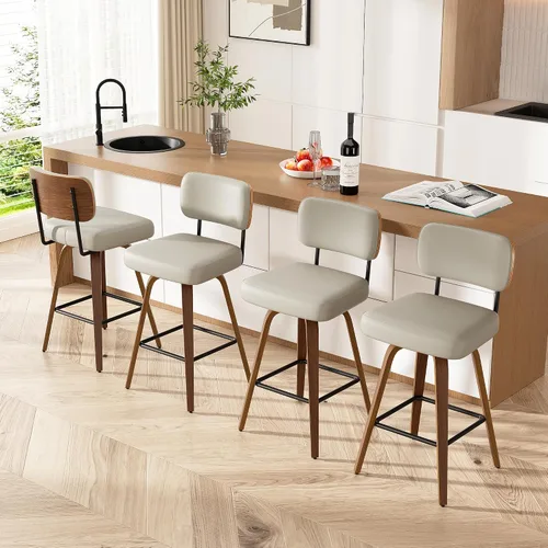 Miniatura 66 de Juego de 1 taburete de bar giratorio, taburetes de bar tapizados de 26" de altura para encimera con respaldo de nogal y patas de madera curvada