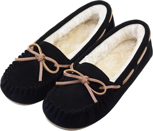Vonair Pantuflas tipo mocasín para mujer, de microgamuza, cálidas, con forro de pelo sintético, con cordones, con lazo acogedor, para interiores y